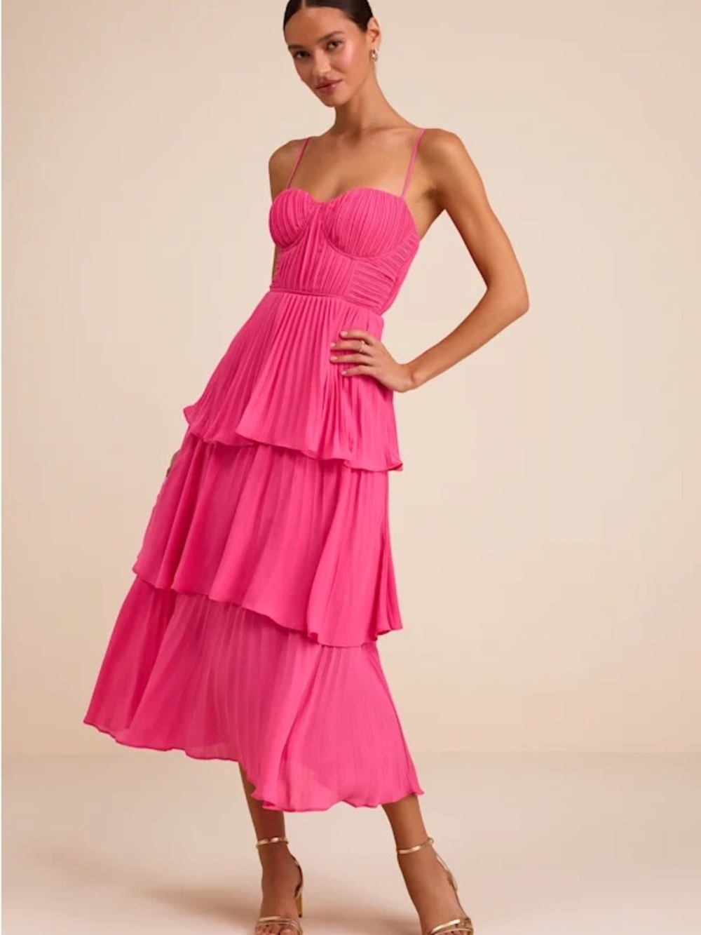 Lulu's Hot Pink Tiered Midi Dress with Spaghetti Straps